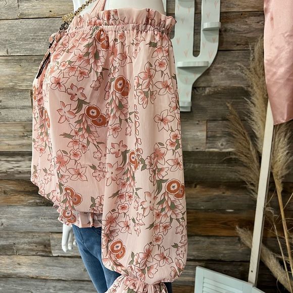 Pink Off The Shoulder Puff Sleeve Ruffled Floral Print Blouse 💗 - Picture 7 of 7